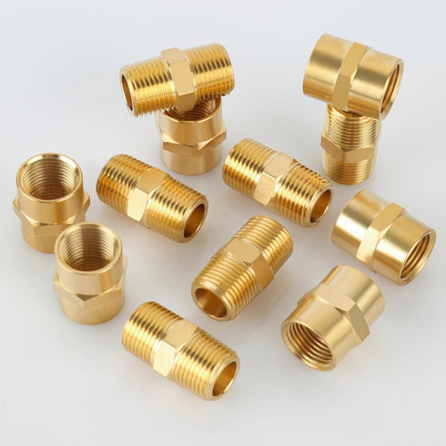 KOOTANS 12pcs Brass Pipe Fitting - NPT Hex Nipple and Coupling Set, 3/8" x 3/8" NPT Male and Female Pipe Fittings