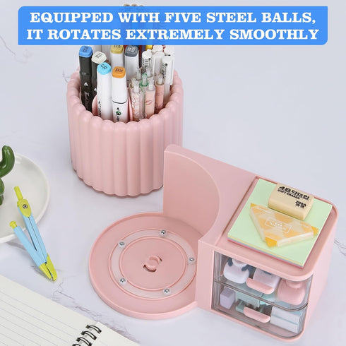 LETURE Rotating Office Desk Organizers with 2 Drawer, Pencil Pen Marker Holder for Desktop Storage Organizers and