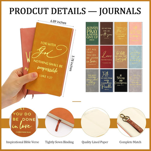 Qilery 24 Pcs Christian Gifts Bulk, 12 Bible Verse Prayer Journals, 12 Leather Keychains, Religious Notebooks for Clergy