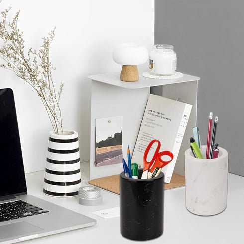 WORHE Natural Marble Pencil Pen Holder, Handcrafted White Marble Desk Organizer for Office Supplies, Makeup Brush Holder