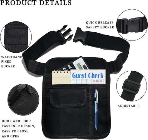 Server Waist Pouch, Black Server Aprons Short Canvas Pocket Apron Restaurant Aprons with Pockets Adjustable Belt