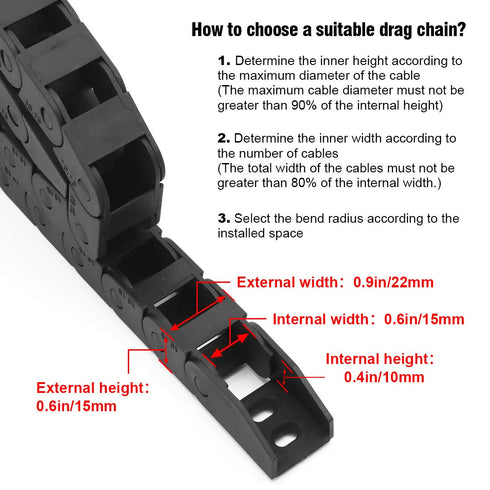 R18 Black Plastic Cable Wire Carrier Drag Chain, 10mm x 15mm, 1M Length for CNC with End Connectors