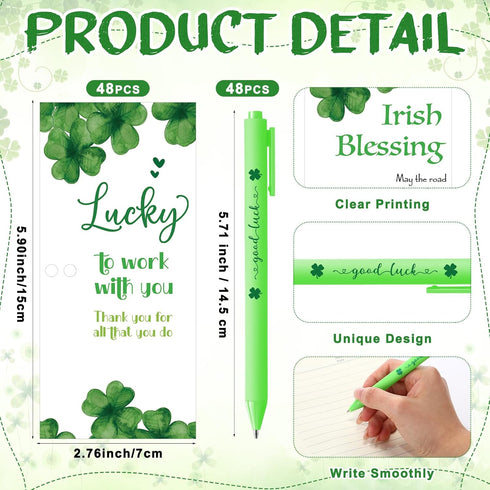 Fullhawl 48 Sets Shamrock Pen Gifts Bulk for Employee Good Luck Ballpoint Pens Clover Keychains with Thank You Cards