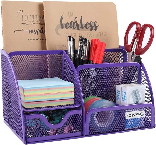 EasyPAG Mesh Office Desktop Organizer with Drawer, Metal Stationary Desk Caddy, 6 Compartments, Purple