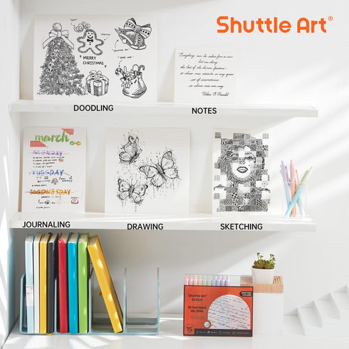 Shuttle Art Retractable Pastel Shifting Gel Ink Pens, 15 Pack Black Ink Pens, Cute 0.5mm Fine Point for Writing