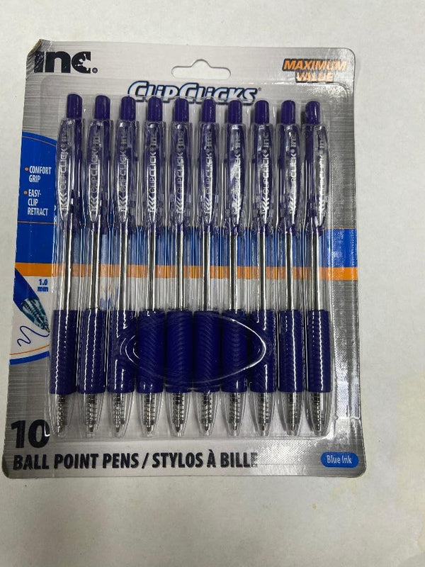 INC Clip Clicks 10 Pack Ball Point Pens (blue Ink 1 mm)
