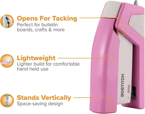 Bostitch Office InCourage Compact Stapler, Spring-Powered, BCA Pink (1588), Plastic Half Strip
