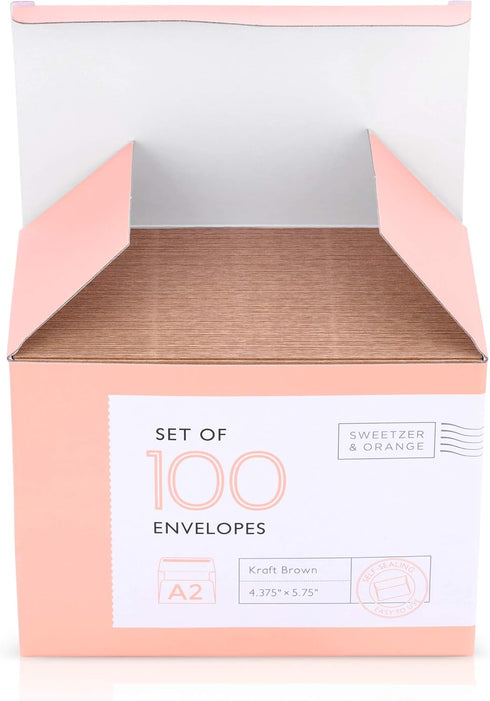 Sweetzer & Orange A2 Envelopes (100 with Box), Brown Self Seal Envelopes, Luxury 150gsm for Greeting Card and