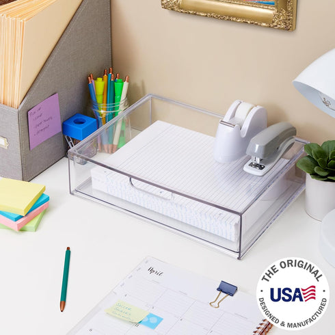 STORi STAX Clear Plastic Stackable Organizer Drawer, 12.5-Inches Wide for Office Desk Accessories and Letter-Size Paper