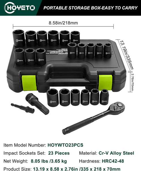 1/2" Set, 23-Piece (1324mm), 6-Point Drive Impact Socket Metric Cr-V Alloy Steel, with Ratchet Handle & Storage Case
