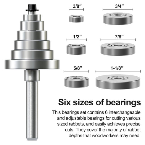 Set 1/4 1pcs 6 1/8", 1/4", 5/16", 3/8", 7/16", 1/2" Rabbet Router Bit Shank, Rabbeting Router Bits with Bearings