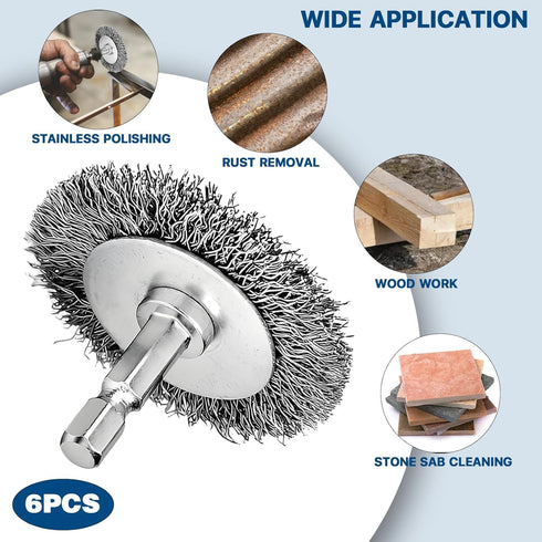 6 3 Inch 1/4-Inch Pieces Wire Brushes for Drill, Abrasive Wire Brush Kit with Hex Shank for Rust Removal, Polishing
