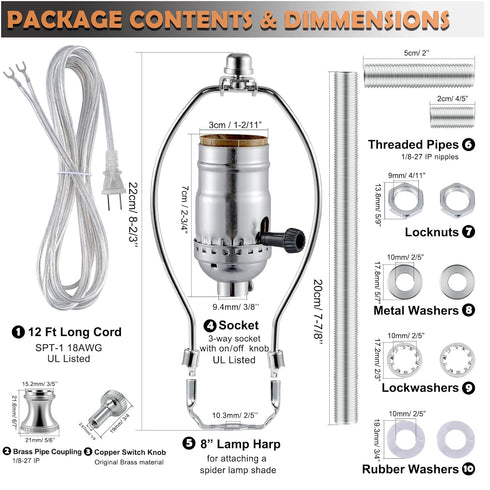 Lamp Making Kit, Make a Lamp or Repair Kit, 3-Way Lamp Socket with Matching Cord, Lamp Harp Set for Table Floor Lamp,