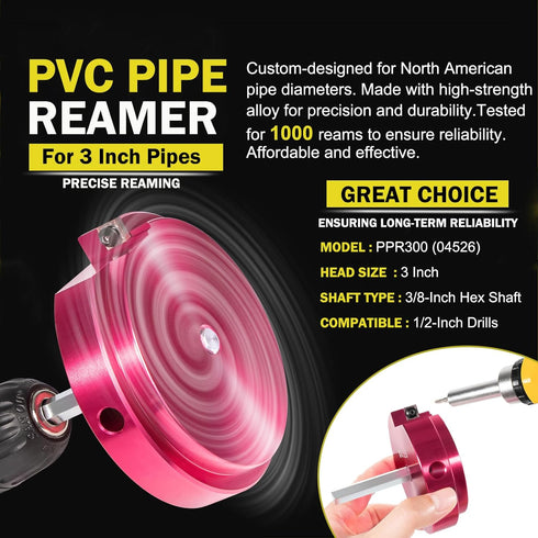 Premium PPR300 PVC Pipe Reamer 3 Inch, Aluminum Head - Plumbing Tool with 3/8-Inch Hex Shaft for PVC, ABS, CPVC