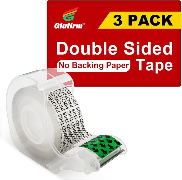 Double Sided Tape with Dispenser, Standard Width, 3/4 in x 300 in, 3-Pack, No Peel-Away Liner, Glufirm