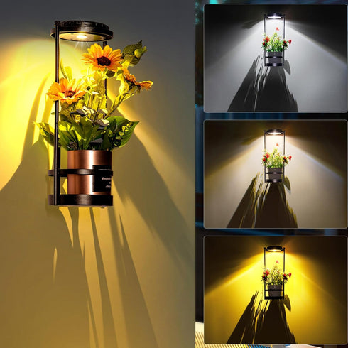 Solar Wall Light with Plant Stands, Wireless Outdoor Fence Light with 3