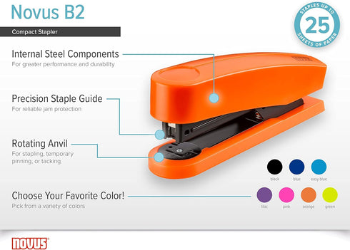 Novus B2 Compact Stapler (Green) with 25 Sheet Capacity, Precision Staple Guide, 10 Year Warranty