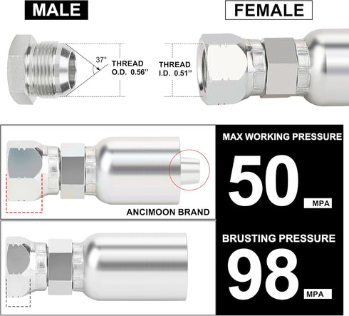 3/8’’ Hose x 3/8’’ JIC 37 Degree Female Swivel Hydraulic Hose Crimp Fittings, 10PCS Set