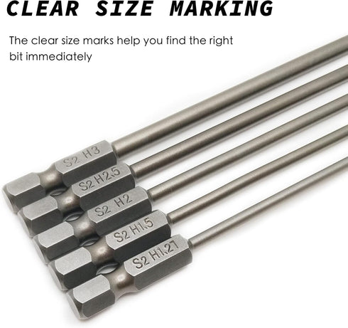 VICRAZEE Hex Head Allen Wrench Drill Bit Set, 1.27 1.5 2.0 2.5 3.0mm S2 Steel 1/4" Hex Shank (5-Pack)
