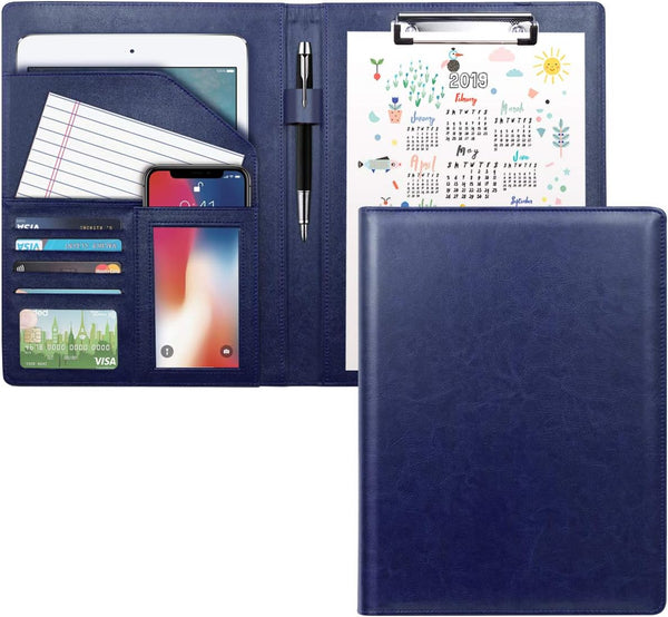WAVEYU Padfolio Clipboard Folder, Faux Leather Storage Clipboard for Letter Size A4 Notepad, Blue
