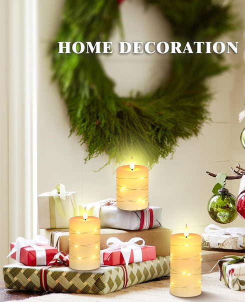 Wax,3 Pack-Ivory Da by Flameless Candles with String Lights, Battery Operated Candles with Remote and Timer, LED Pillar