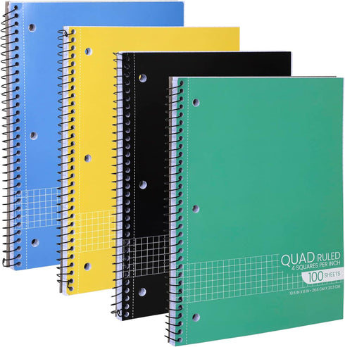 Graph Paper Spiral Notebook, Quad Ruled Grid, 10.5 X 8 Inches, 1 Subject Wirebound Notebook, Assorted Colors