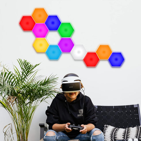 13 (6-Pack) Vcwtty Hexagon Lights, Smart LED Wall Lights with Remote, Colors Touch-Sensitive DIY Modular Assembled RGB