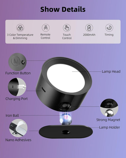 2 Pack 3 360 Dimmable Wall Mounted Lights, Rechargeable RGB Color Changing Light, Color Temps & Remote and Touch