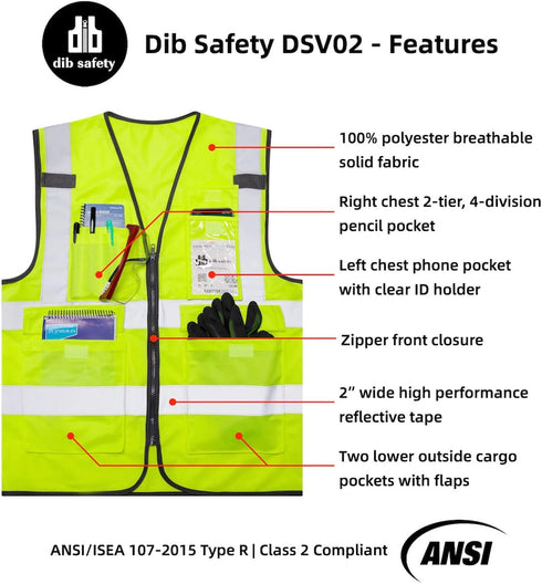Vest Reflective ANSI Class 2 - High Visibility Vest with Pockets and Zipper, Construction Work Hi Vis Yellow XL