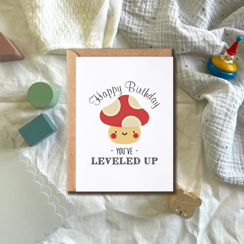 PTTShop You've Leveled Up Mushroom Card - Mushroom Happy Bday Card - Pretty Birthday Greeting Card - Mushroom