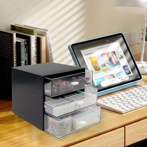 Desk Organizer with Drawer, Plastic Desk Storage Box for Office Stationery Supplies, Desktop Organizer (3 drawer, Black)