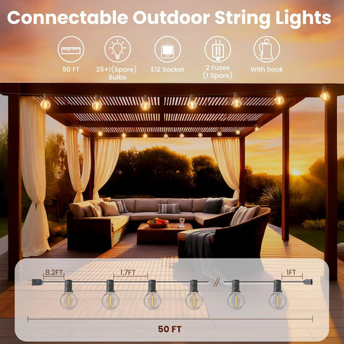 50 26pcs G40 Bulbs, RTTY Outdoor String Lights FT, Patio Light with Shatterproof LED Waterproof Hanging Globe Lighting