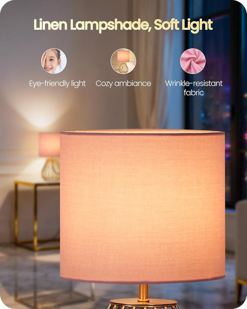 2700K Bulb DP06TL05 Pink and Gold Table Lamp, Small Bedside Lamp with Metal Base & Pink Linen Lampshade, Modern