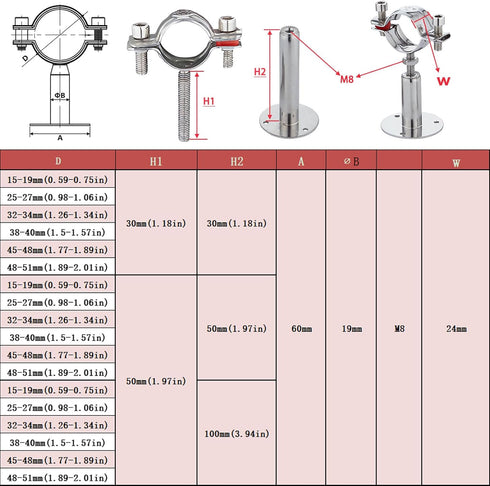 2PCS Wall Mount Ceiling Mount Pipe 304 Stainless Steel Pipe Supports, Adjustable Height for OD Pipe 15-19mm