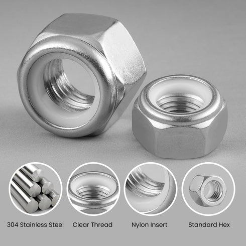 BNUOK 50Pcs #10-24 304 18-8 Lock Nuts, Nylon Insert Locknuts Stainless Steel SS Self-Locking Nuts, Coarse Thread Hex