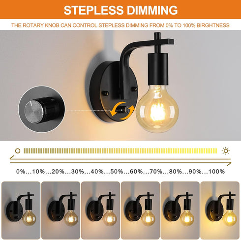 Glighone Dimmble E26 Black Wall Sconce with Switch, Wall Lamp, Wall Mounted Bedside Lamps, Retro Wall Light Industrial