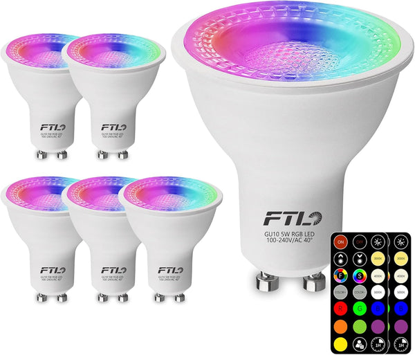 FTL GU10 Color Changing LED Bulbs with Remote Control, Dimmable 2700K-6000K, 5W 40W Equivalent, 30 Colors, 6 Pack