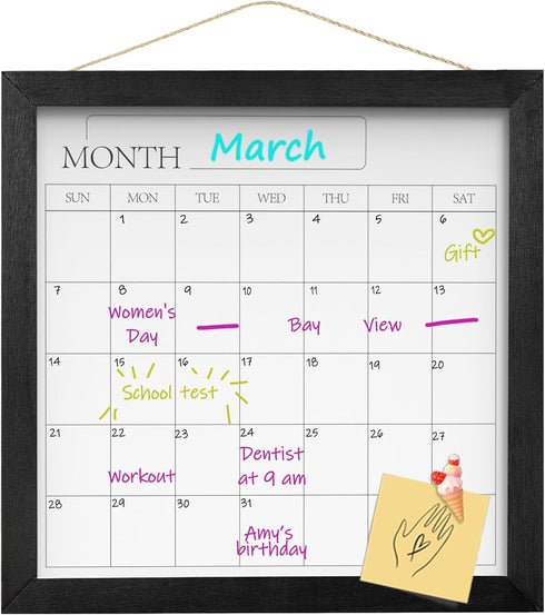 Umtiit Monthly Calendar Dry Erase Whiteboard, 11.8 x 11.8 inch Black Wood Frame for Planning and Scheduling