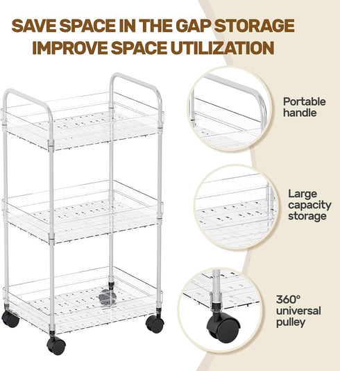 Betoveren 3 Tier Utility Rolling Cart with Wheels Multifunctional Storage Cart Clear Movable Storage Organizer