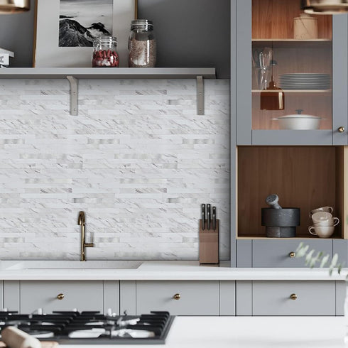 20 Midcard Sheet Peel and Stick Backsplash, White Marble PVC Wall Tile for Kitchen Backsplash