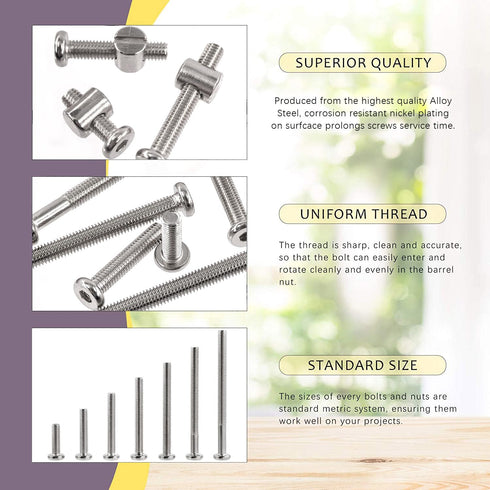 Swpeet 85Pcs M6 20/30/40/50/60/70/80mm 1Pc Nickel Plated Screws Kit, Hex Socket Head Cap Crib Baby Bed Bolt and Barrel