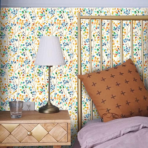 Floral Peel and Stick Wallpaper Colorful Forest Beige/Orange/Blue/Red Removable Contact Paper for Nursery Home Decorations 17.7in x 118in by Generic
