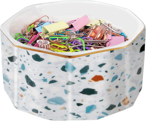 Ceramic Paper Clip Holder, Gold Line Dispenser Organizer for Desk, Cute Terrazzo Marble Pattern, Blue