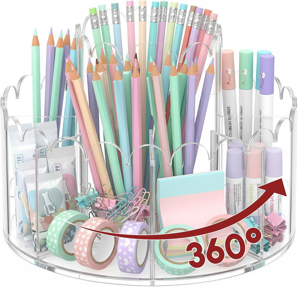 Lerheedi Scalloped Acrylic Pencil Holder Desk Organizer with 9 Compartments 360 Degree Rotating