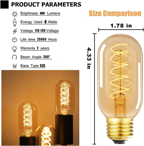 Vintage T14 LED Spiral Filament Bulb, 4W Equivalent E26 40 Watt Warm White 2200K Dimmable AC120V 400LM