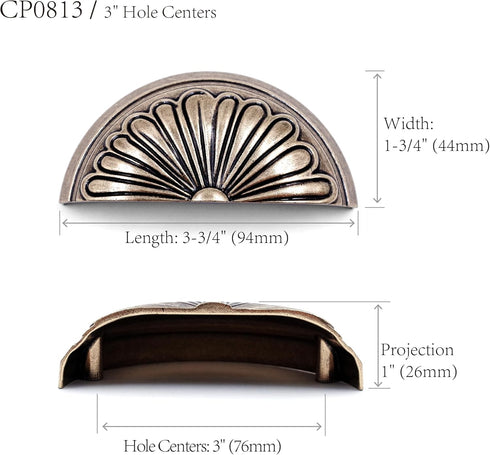 JETLAND 4 Pack, 3" CP0813AN076 Cabinet Hardware Cup Pulls - Antique Gray Petal Pattern, Hole Centers, Vintage Pulls