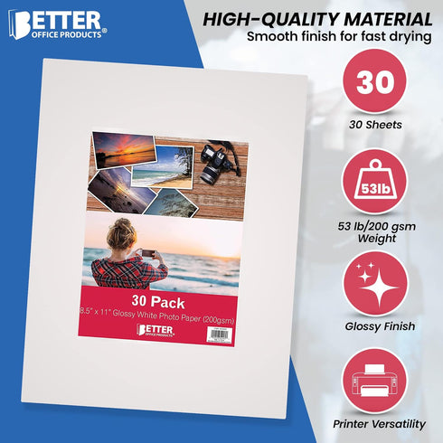 Better Office Products Glossy Photo Paper, 8.5 x 11 Inch, 30 Sheets, 200 gsm, Letter Size
