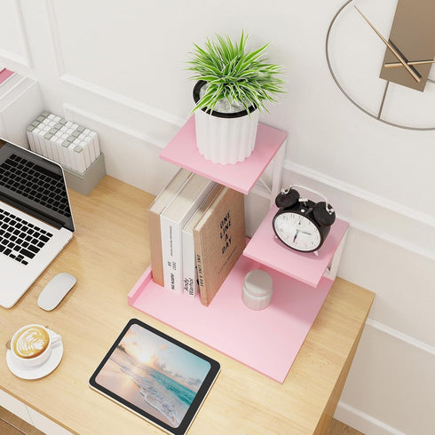 ELITEROO Aesthetic 3 Tier Desktop Shelf Organizer, Mini Wooden Bookshelf for Women Office Supplies, Pink