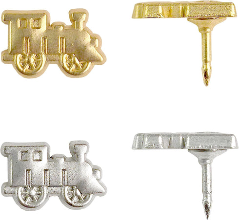 Set 4 Train Push Pins - Gold Metal Train Pins - for Cork Board, Maps, or Lapel Pin Use - Designed in USA