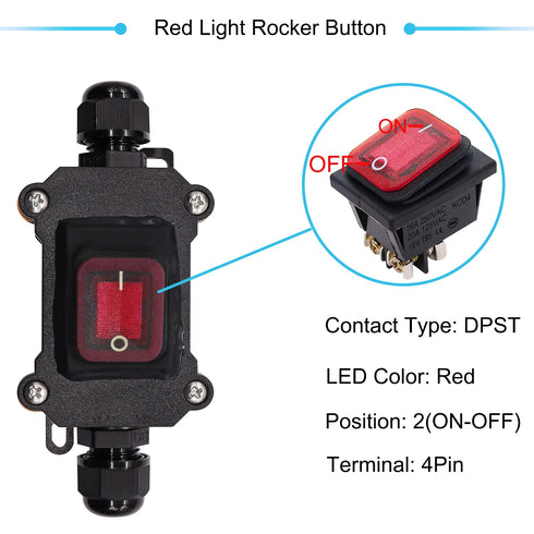IP67 Waterproof Inline Cord Switch, 16A/250V 20A/125V AC DPST, 4Pin On Off Toggle Switch with Red Light Rocker